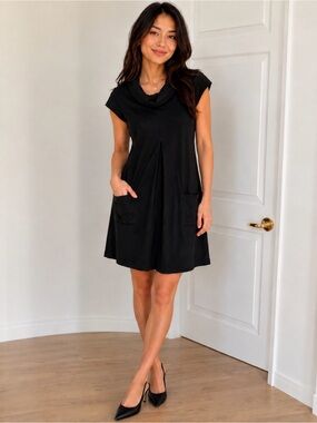 Porto Designer Versatile Black Cow Neck Mini Dress with Pockets Baby Doll Sz 2
